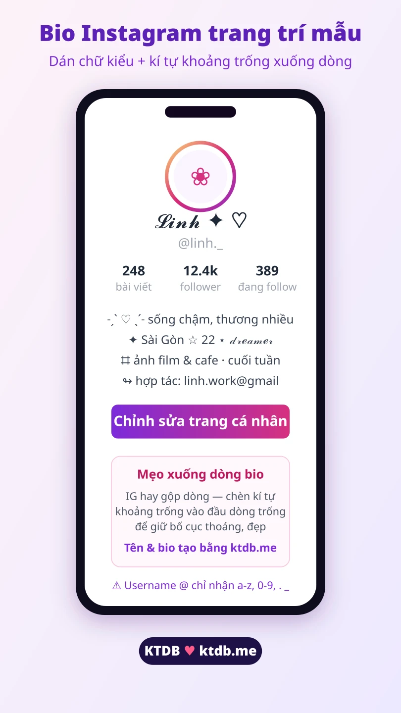 Cách trang trí bio Instagram bằng kí tự đặc biệt và kí tự khoảng trống cho tên Linh