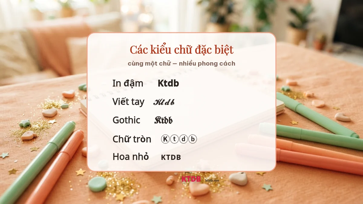 Các kiểu chữ đặc biệt tại KTDB Các kiểu chữ đặc biệt: in đậm, viết tay, gothic, chữ tròn, in hoa nhỏ tại ktdb