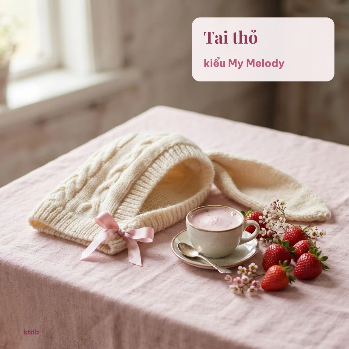 Kí tự My Melody tai thỏ Ი𐑼 bên mũ len tai thỏ màu kem